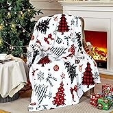 FuWeave Buffalo Plaid Christmas Tree Blanket Flannel Christmas Throw Blanket Xmas Red Black Colorful Trees Snowflake Farmhouse Decoration Gifts for Couch Bed Sofa Holiday 50" x 60"