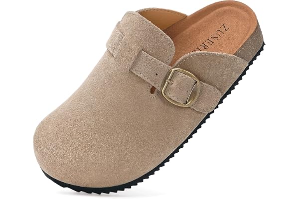 Intini Kids Suede Clogs Cork Footbed Sandals | Arch Support,Slip On Mules,Adjustable Buckle