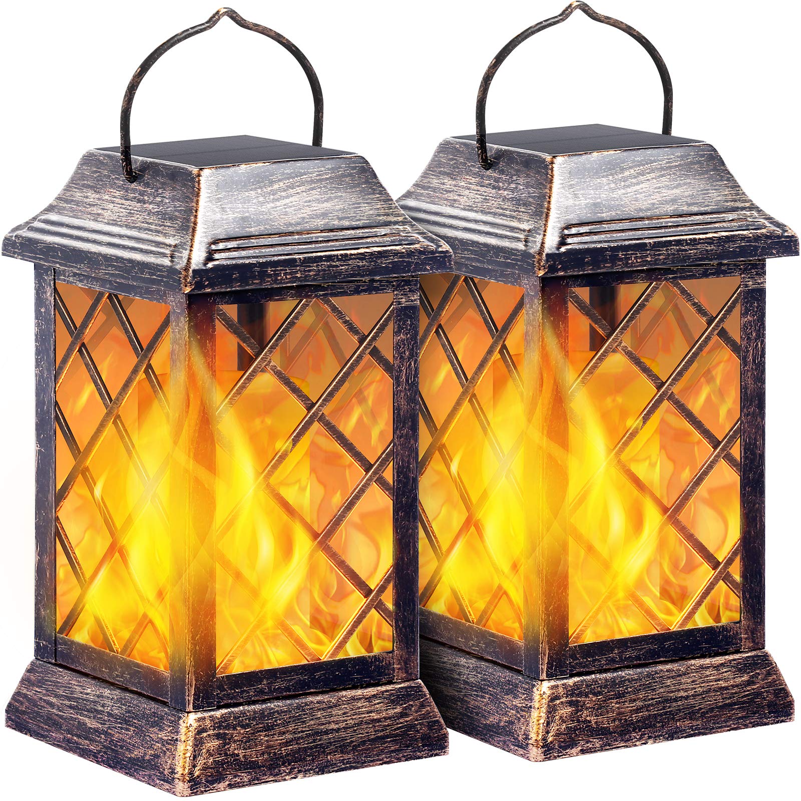 Photo 1 of TomCare Solar Lights Outdoor Flickering Flame Metal Solar Lantern Outdoor Hanging Decorative Lanterns Heavy Duty Waterproof Umbrella Decorations Lighting for Patio Garden Deck Yard, 2 Pack (Bronze)