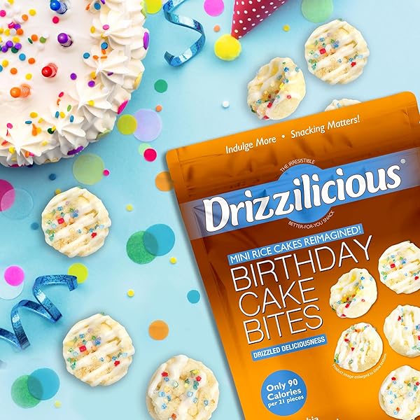 DRIZZILICIOUS MINI FLAVORED RICE CAKES BIRTHDAY CAKE – RICE CRISPS, HEALTHY SNACK FOR ADULTS AND KIDS, VEGAN, GLUTEN FREE SNACK, ALLERGEN FREE, ONLY 90 CALORIES PER 21 PIECES – 4 OZ (PACK OF 1)