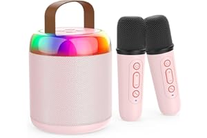 Iyoyo Mini Karaoke Machine for Kids Portable Bluetooth 5.3 Speaker Led Lights with 2 Wireless Microphones Karaoke Gifts for Girls Boys Adult Birthday Christmas Solid Metal Body (Pink)