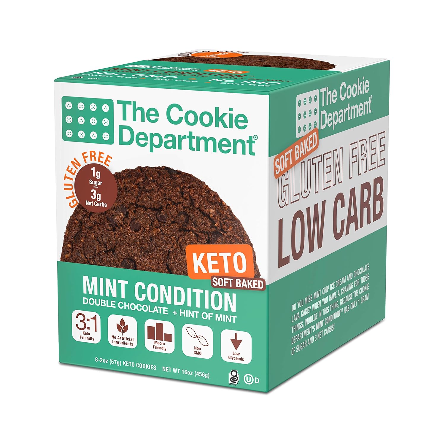The Cookie Department - Keto Cookies, Gluten Free Certified, Non-GMO, Low Carb, No Sugar Added Snack Food (Mint Condition - Double Chocolate Chip + Mint, 2oz, Pack of 8)