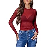 Avidlove Mesh Top for Women Long Sleeve Round Neck Tee Shirt See Through Sheer Blouse Back Hollow Drawstring Slim Fit Shirt