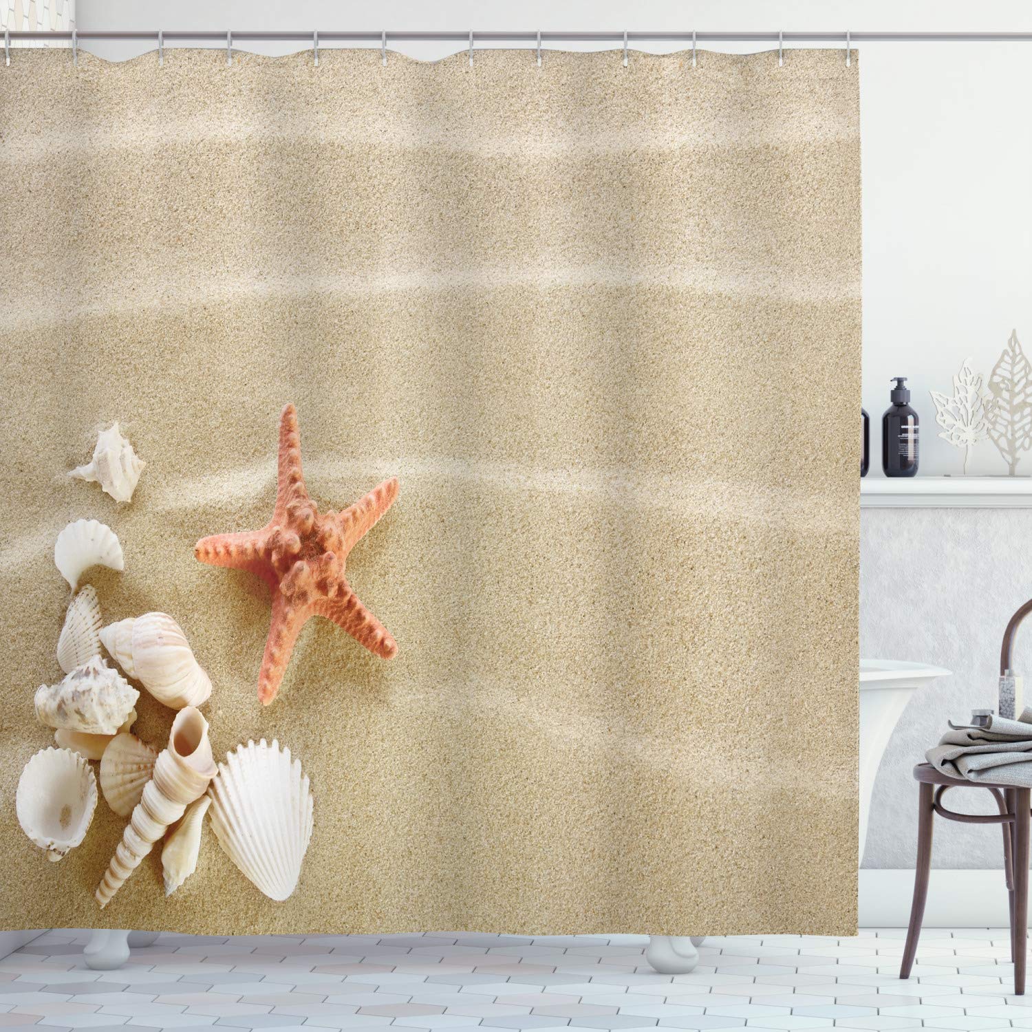 ABAKUHAUS Shell Shower Curtain, Exotic Seashells on Sand Simplistic Tranquil Travel Summer Photography, Cloth Fabric Bathroom Decor Set with Hooks, 175 x 220 cm, Pale Sepia Salmon Ivory — image 1