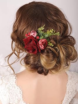 Kercisbeauty Bridal Floral Hair Combs Red Rose Velvet Flower