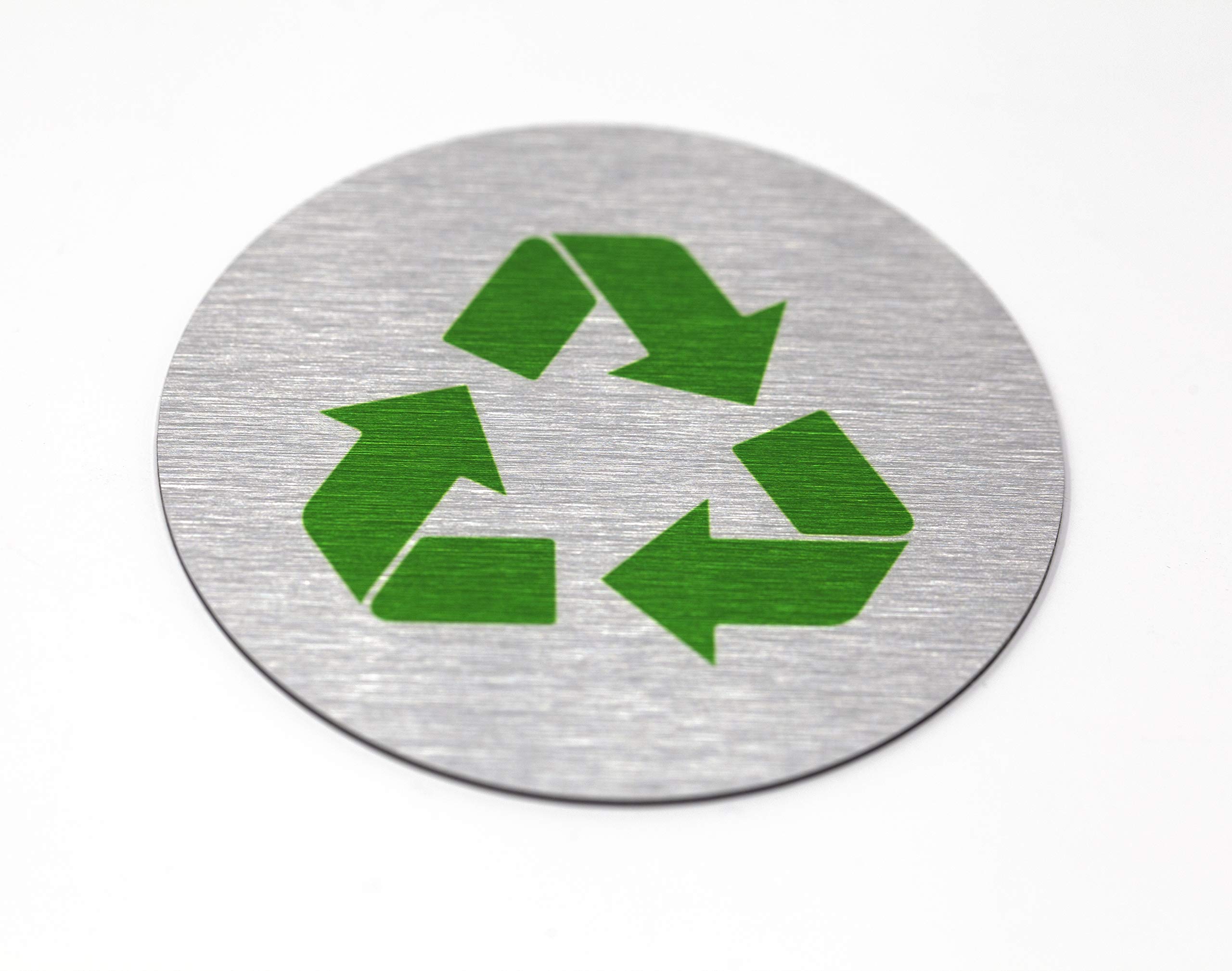 Metal Recycle Signs | Recycle Bin Marker | Metal Sign for Recycling Basket | 3" Round, Brushed Silver Aluminum with Green Recycle Symbol | Made in the USA