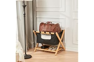 HOPLY Folding Luggage Rack for Guest Room with Laundry Bag & Shoe Rack, Suitcase Rack for Guest Room Must Haves, Luggage Stands for Bedrooms, Airbnb Essentials for Hosts, Valet Stand