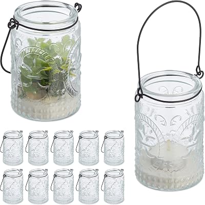 Relaxdays Candle Lanterns Set of 12, Glass Tea Light Holders, Vintage Design