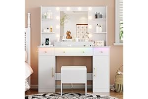 Xixini Vanity Desk with Mirror and Lights, 43'' White Makeup Dressing Table Set with 5 Drawers & Chair, Power Outlet, 3 Lighting Modes Adjustable Brightness & RGB LED for Women Girls Bedroom Bathroom