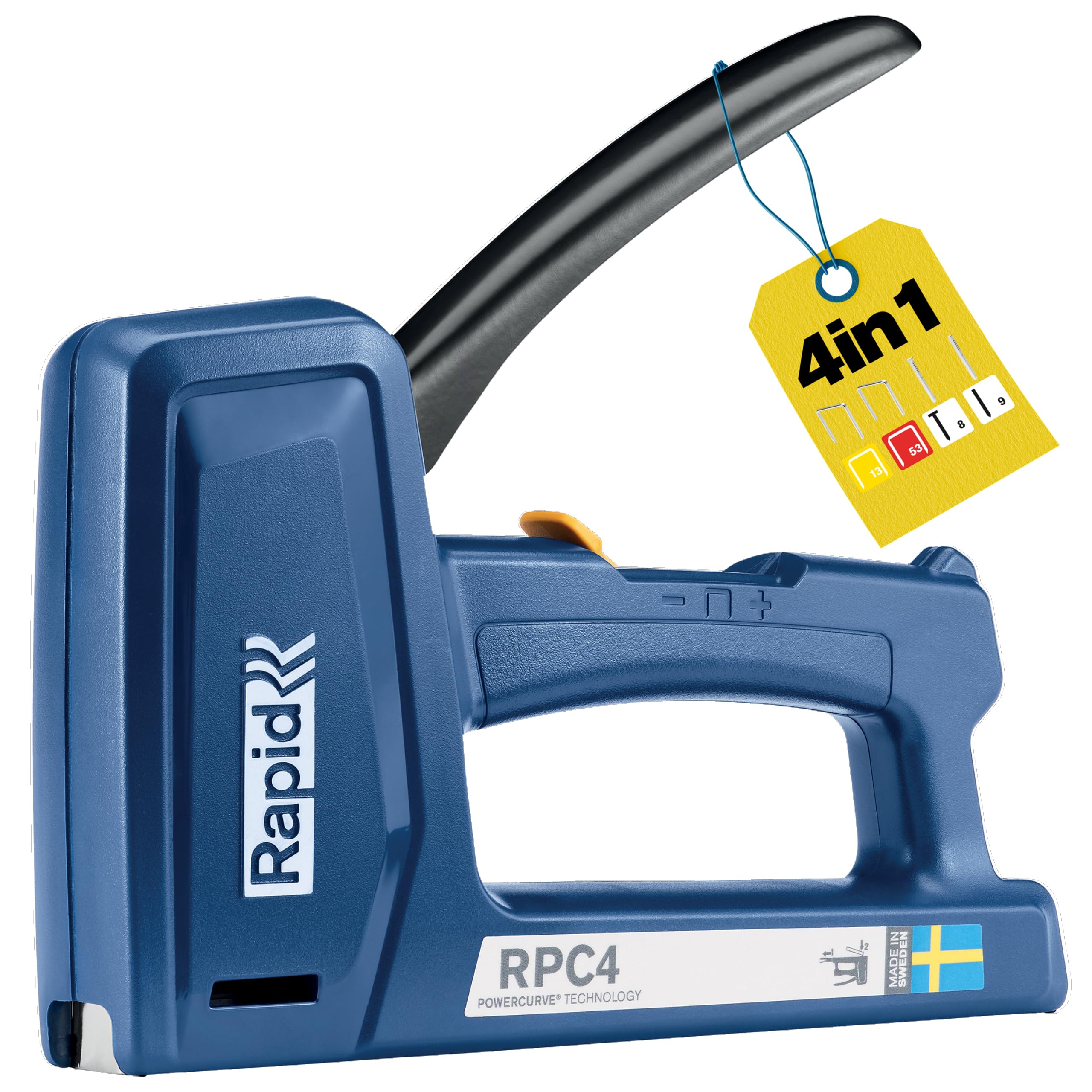 Heavy Duty Staple Gun for Wood - 4-in-1 Wall Stapler - Upholstery Staple Gun - for DIY, Upholstery and Fabric - Staples, Brads & Pins - Made in Sweden - Up to 50% Easier to Squeeze - Rapid RPC4