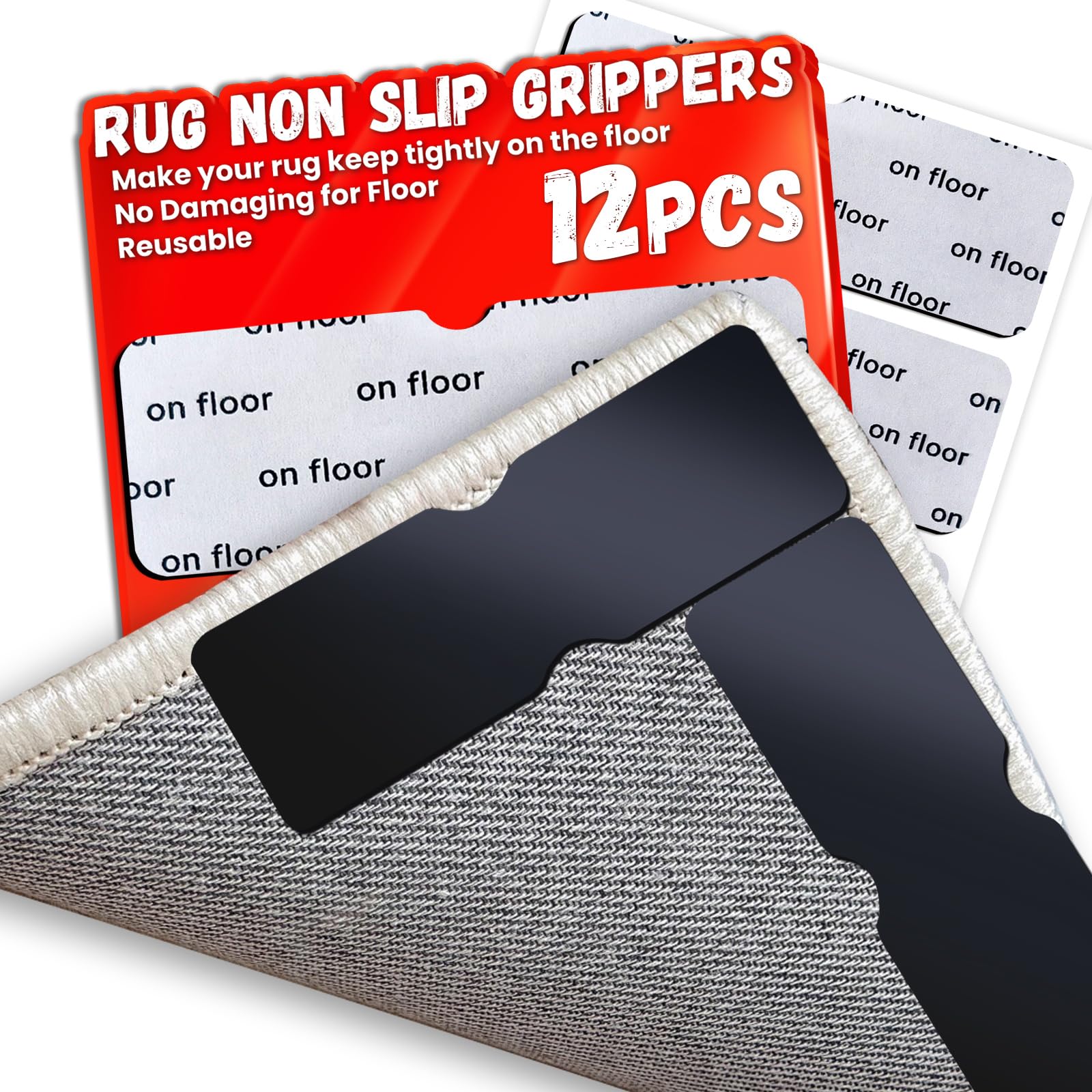 Rug Non Slip Grippers, Reusable Rug Tape Pads for Hardwood Floors, Laminate Floor, Tiles, No Residue on Flooring, Strong Adhesive Carpet Tape for Area Rugs, Keep Corners Flat (12)