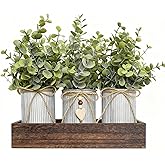 HEMYLU Artificial Flower Decorative Centerpiece, Frosty Green Eucalyptus Table Arrangement with 3 Rustic Metal Pots and Wood Tray for Farmhouse Home Décor