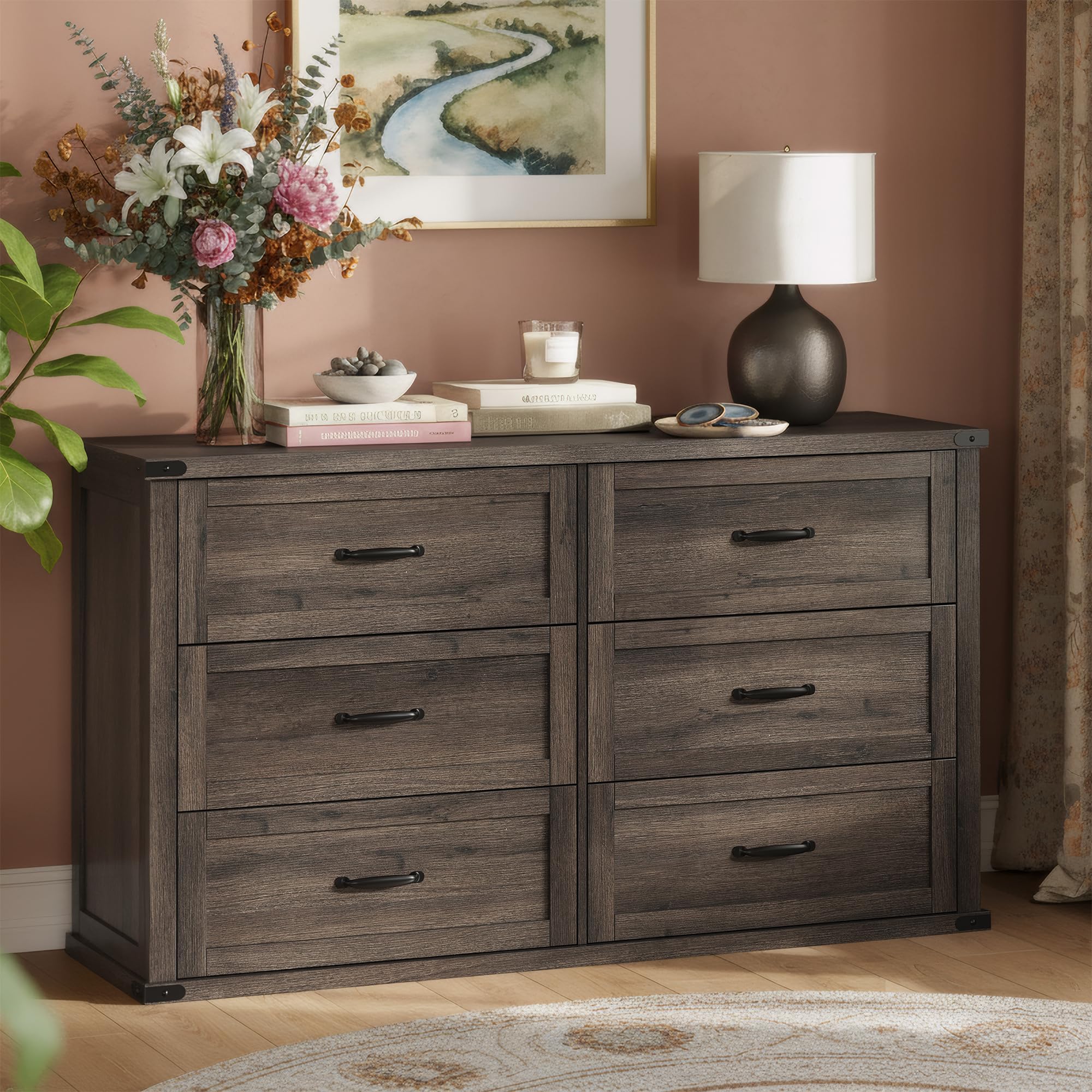 Photo 1 of VASAGLE LIRY Collection - 6-Drawer Dresser for Bedroom, 54-Inch Wide Modern Farmhouse Chest of Drawers with Metal Handles, TV Stand, for Living Room, Entryway, Anti-Tipping, Taupe Brown ULTS661TA01S