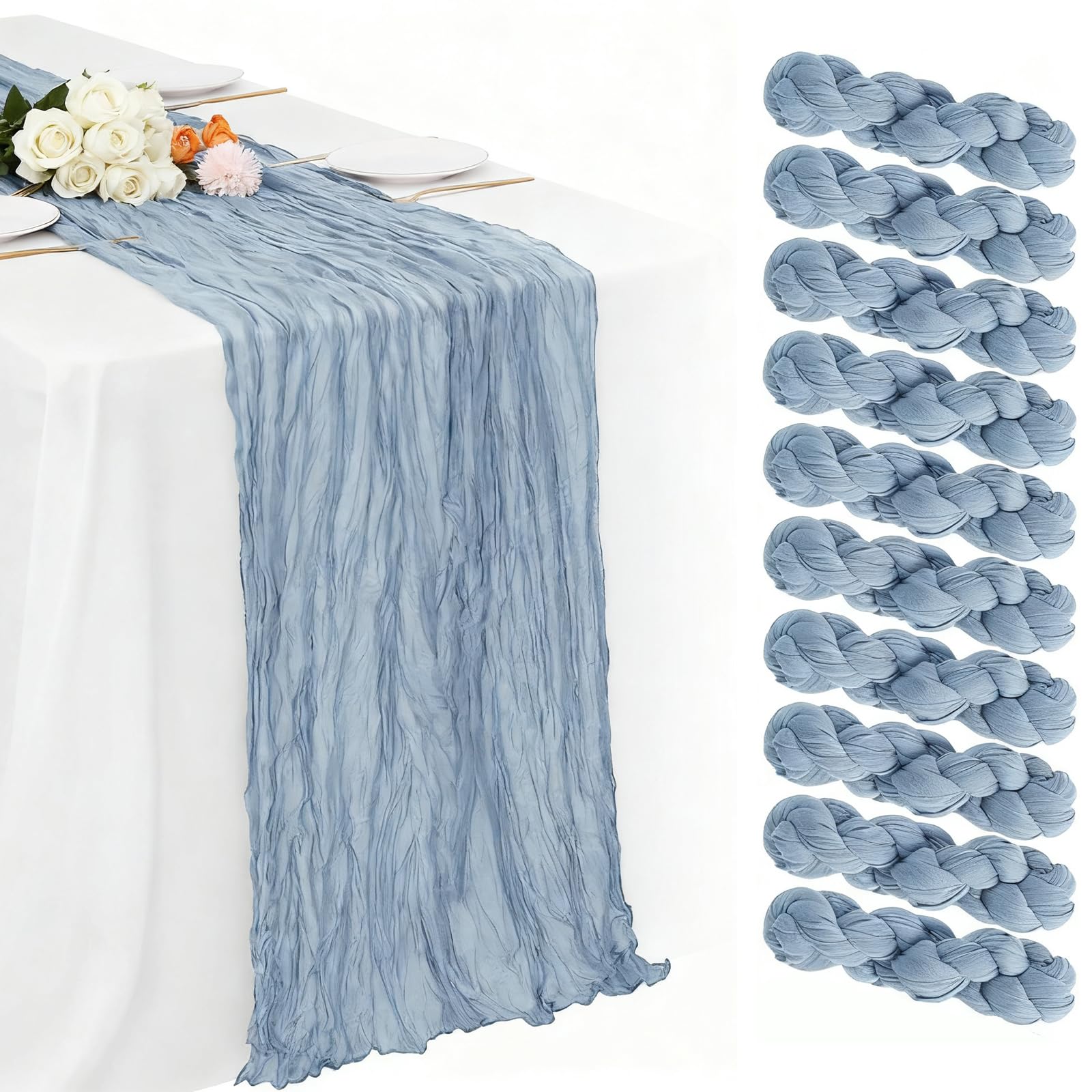 Photo 1 of 10 Pack Dusty Blue Cheesecloth Table Runner 120 Inch 10 FT Boho Gauze Cheese Cloth Long Table Runner Romantic Rustic Sheer Runners for Wedding Baby Shower Home Decor Holiday Decorations