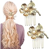 Capiant 2 Pack Gold Side Hair Combs - Vintage Pearl & Flower Hair Clips for Brides, Prom & Parties, Small Decorative Metal Combs, Retro Hair Accessories