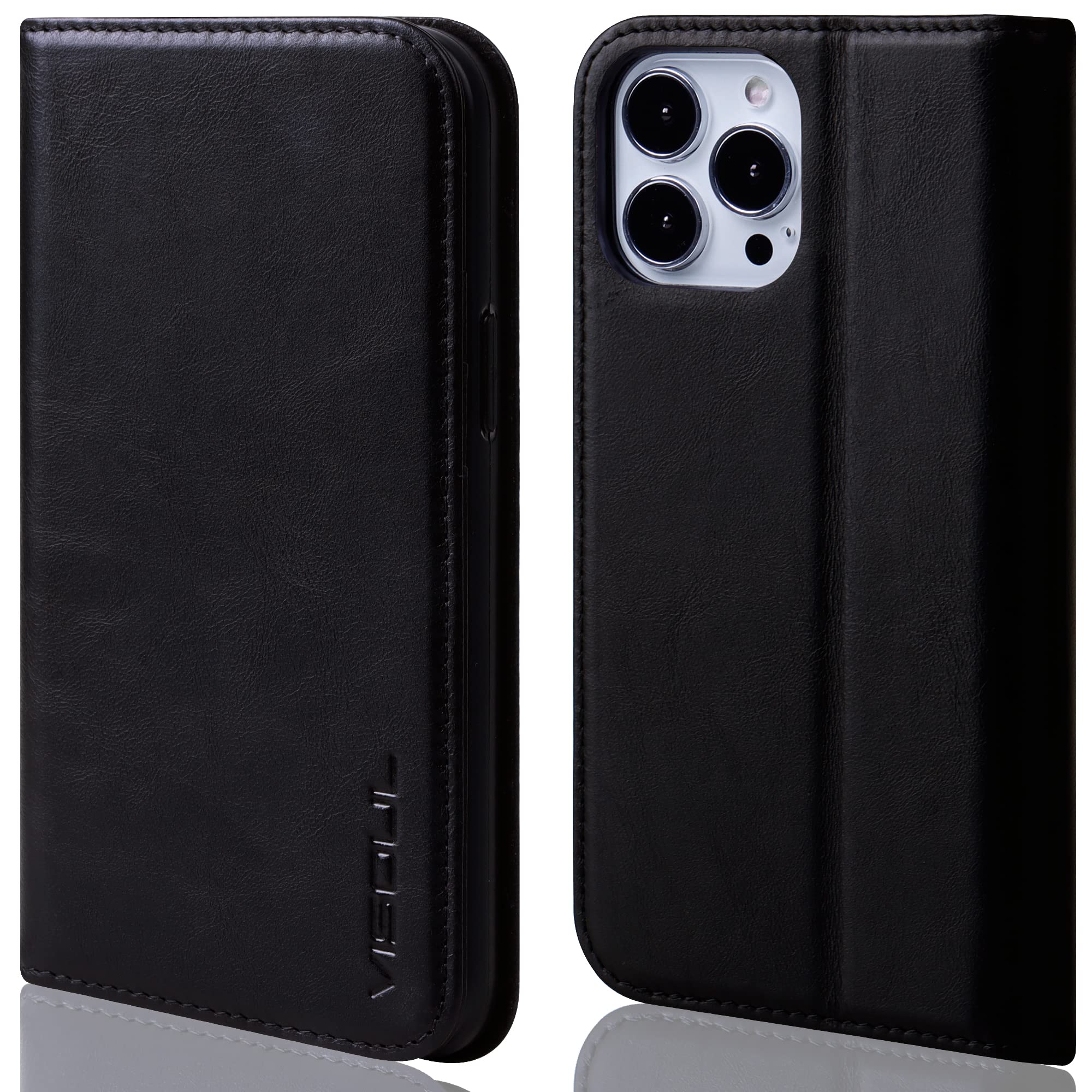 VISOUL Wallet Case Compatible for iPhone 13 Pro 6.1" 2021 Genuine Leather Folio Case, RFID Blocking, Magnetic, 3 Credit Card Slots, Kickstand, Shock Absorbing-Black