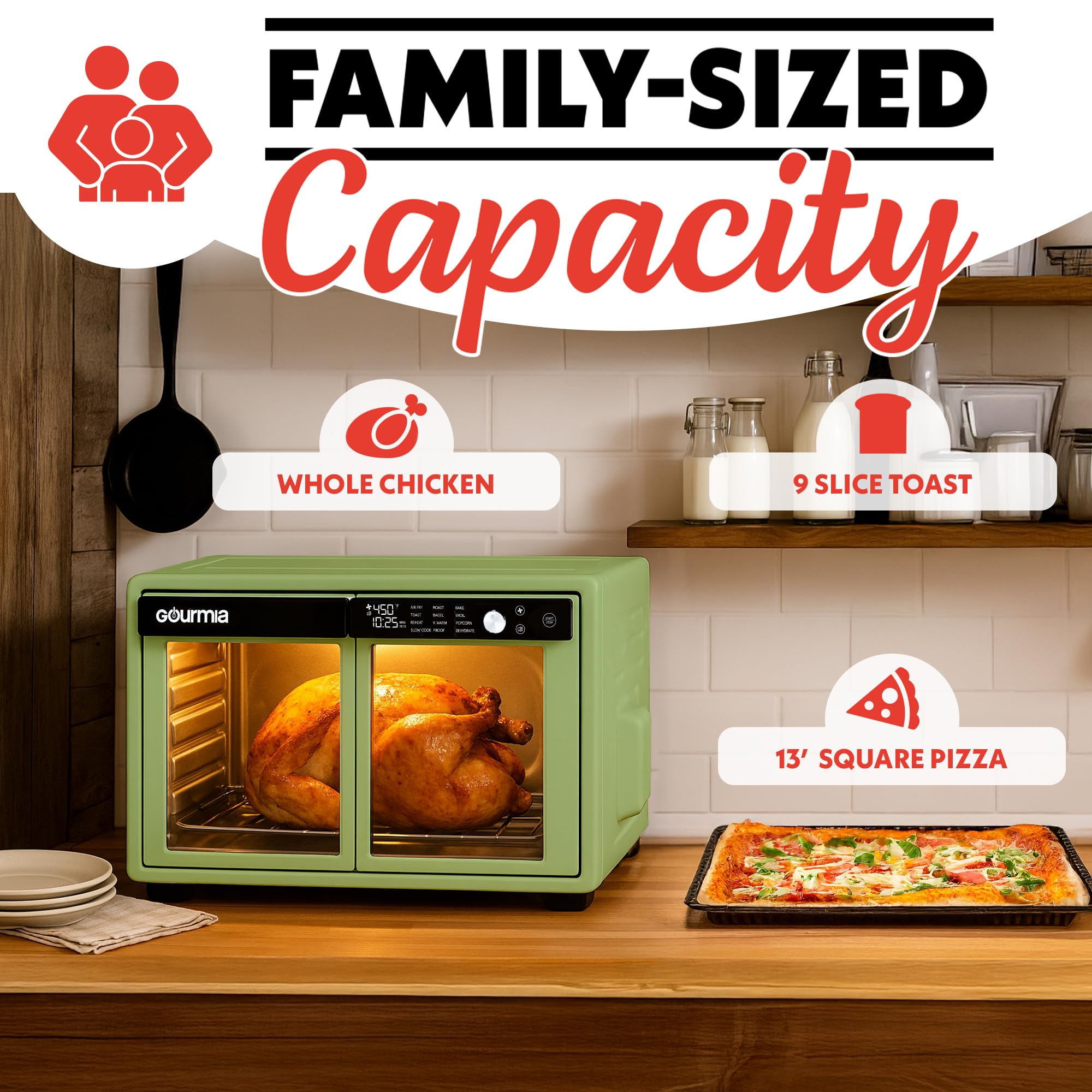 Gourmia Horno freidora de aire digital con puerta francesa - Capacidad XL 37QT, 12 presintonías, tecnología FryForce 360°, deshidratación, prueba, cocción lenta, se adapta a pizza de 13", 1700W, verde