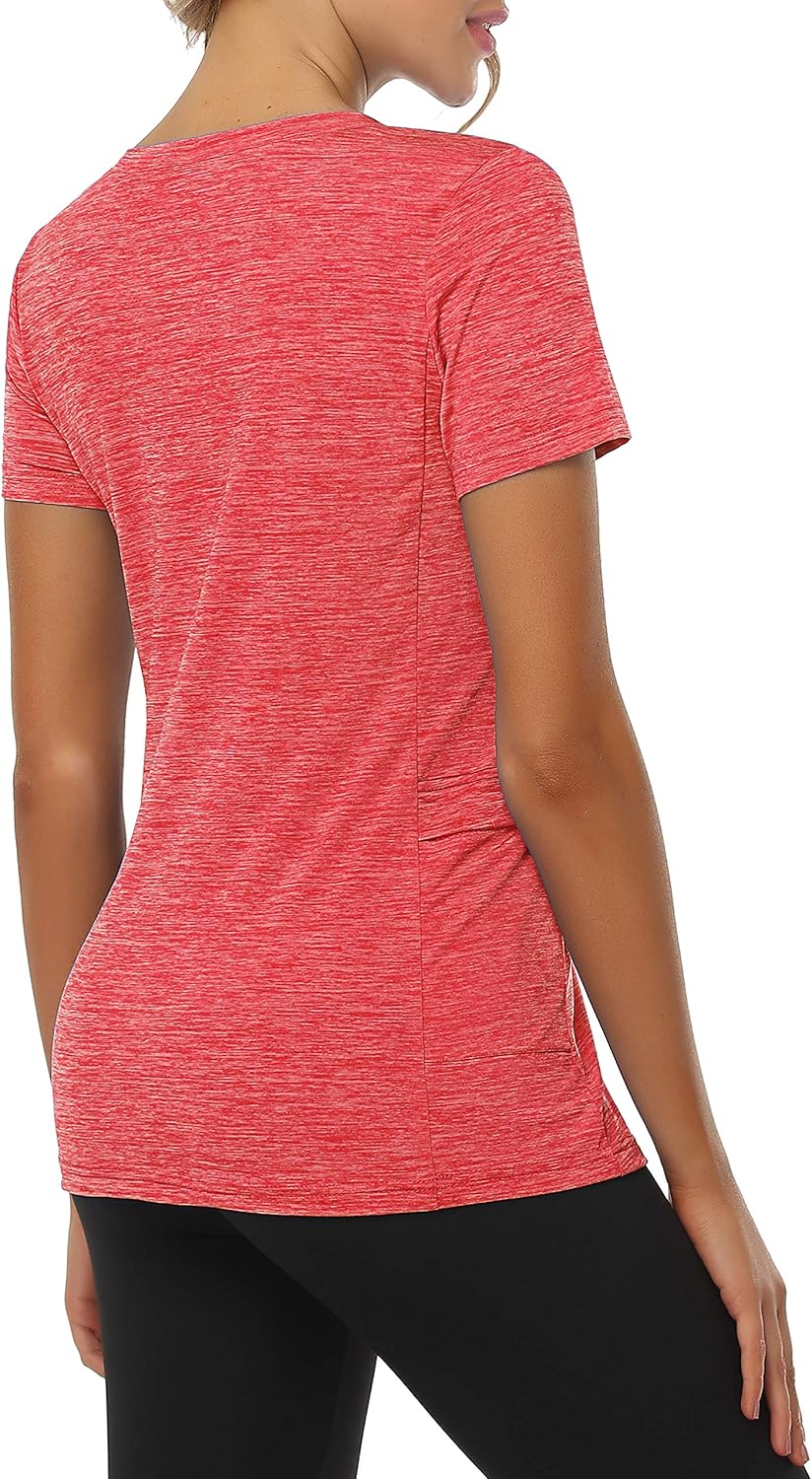 Women's V Neck Workout Top with Pocket Short Sleeve Dry Fit Active Running Hiking Shirt: Clothing
