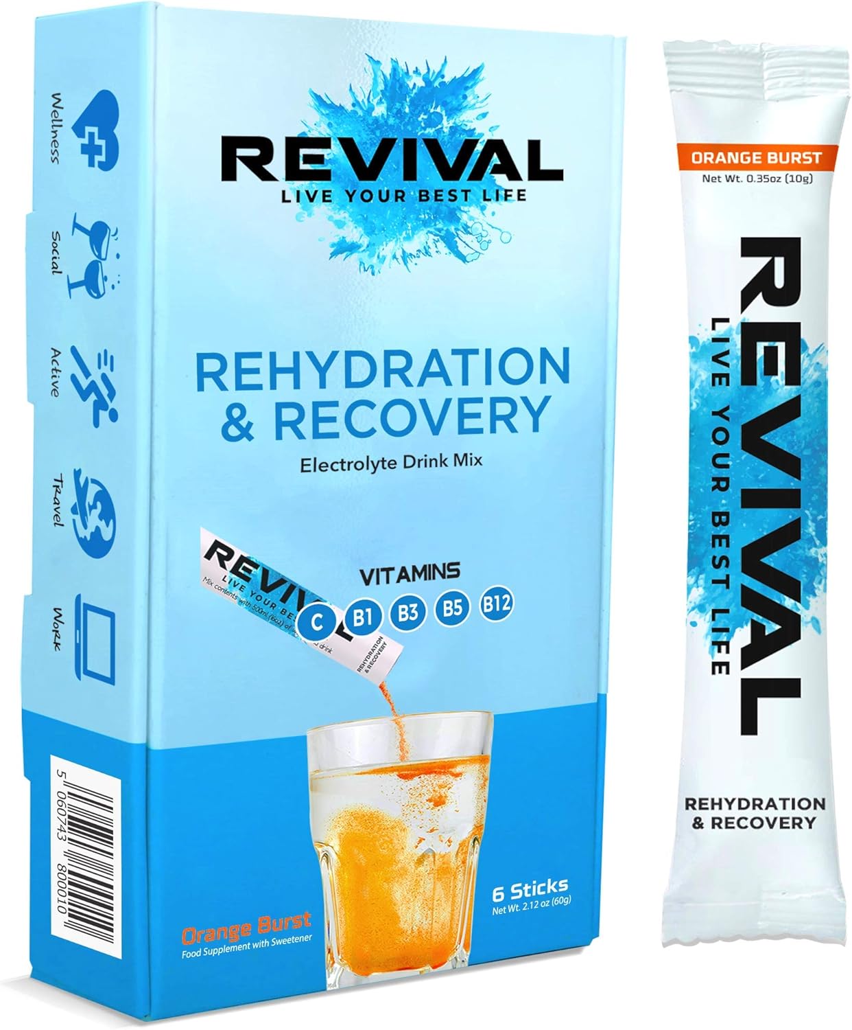 Revival Hydration Electrolyte Powder Packets, Recovery Drink Mix - Sport, Wellness, Travel - Orange 6 Pack: Health & Personal Care
