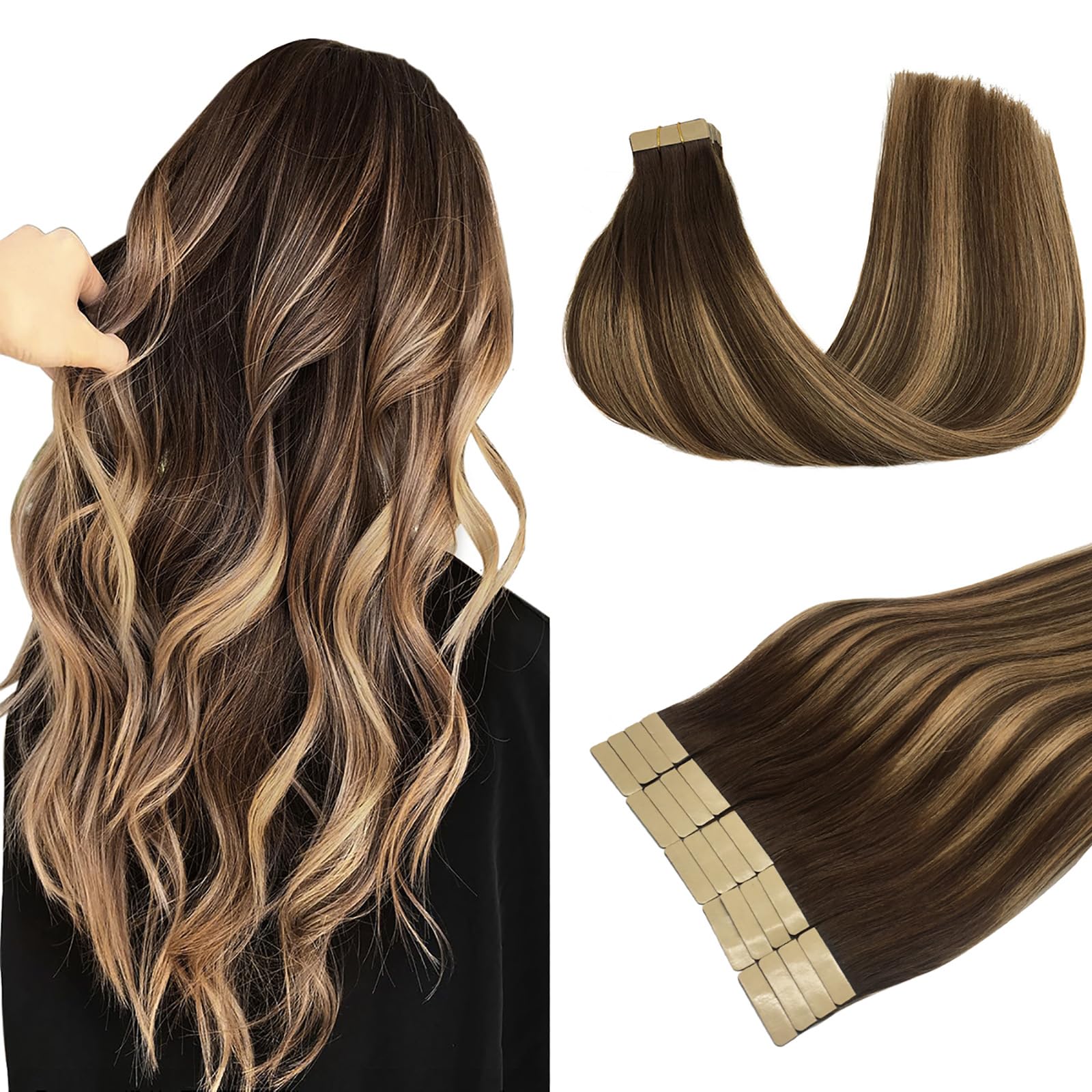 DOORES 20pcs 50g Tape in Hair Extensions Real Hair Balayage Chocolate Brown to Caramel Blonde Remy Human Hair Extensions Tape in Straight Skin Weft 22 Inch — image 1