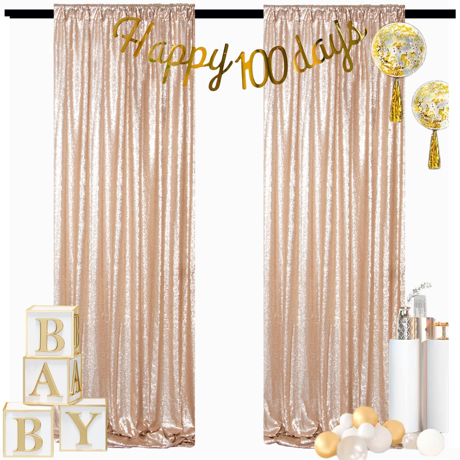 Photo 1 of ShinyBeauty Champagne Backdrop Curtains 2 Pieces Sequin Photograph Backdrops 7FTx7FT Panels Sparkly Curtain Shimmer Fabric Background for Weddding,Prom,Birthday Backgrounds