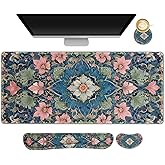 Lauspuck Large Mouse Pad and Keyboard Wrist Rest, Extended Mouse Pad with Wrist Support, Non-Slip Desk Mat, Desk Blotter Protector Pad for Home Office, Vintage Flowers