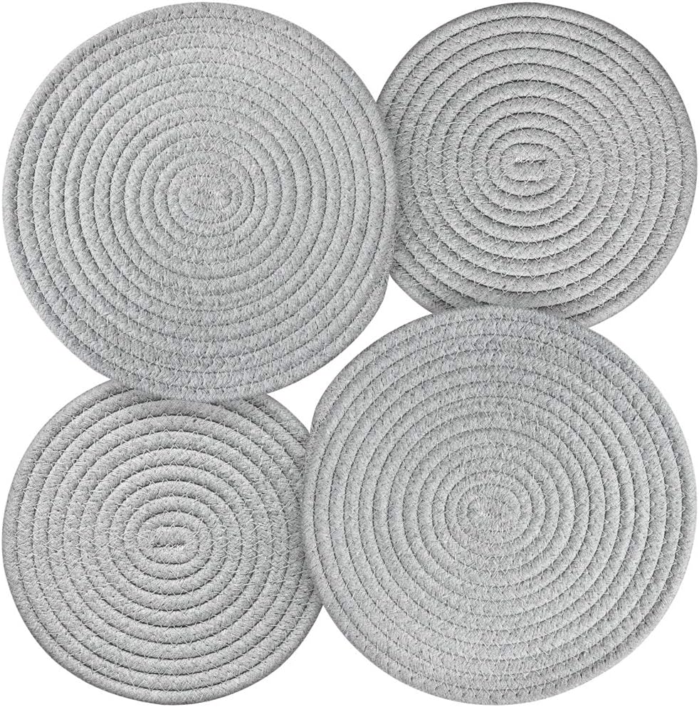 Trivet Hot Pads Trivet Mat Potholders Set for Hot Dishes/Pot/Bowl/Teapot/Hot Pot Holders 4pack 2 sizes 7.8 Inches,9.5 Inches Diameter 100% Pure Cotton Thread Weave Hot Pot Holders (gray)