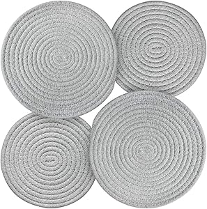 Trivet Hot Pads Trivet Mat Potholders Set for Hot Dishes/Pot/Bowl/Teapot/Hot Pot Holders 4pack 2 sizes 7.8 Inches,9.5 Inches Diameter 100% Pure Cotton Thread Weave Hot Pot Holders (gray)