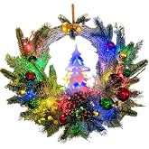 Svndlyn Pre-Lit Flocked Christmas Wreath with Reindeer 20 LEDs and Timer | White Forest Silhouette, Pinecones, Gold Bells and Red Green Gold Ornaments for Front Door, Wall or Mantel