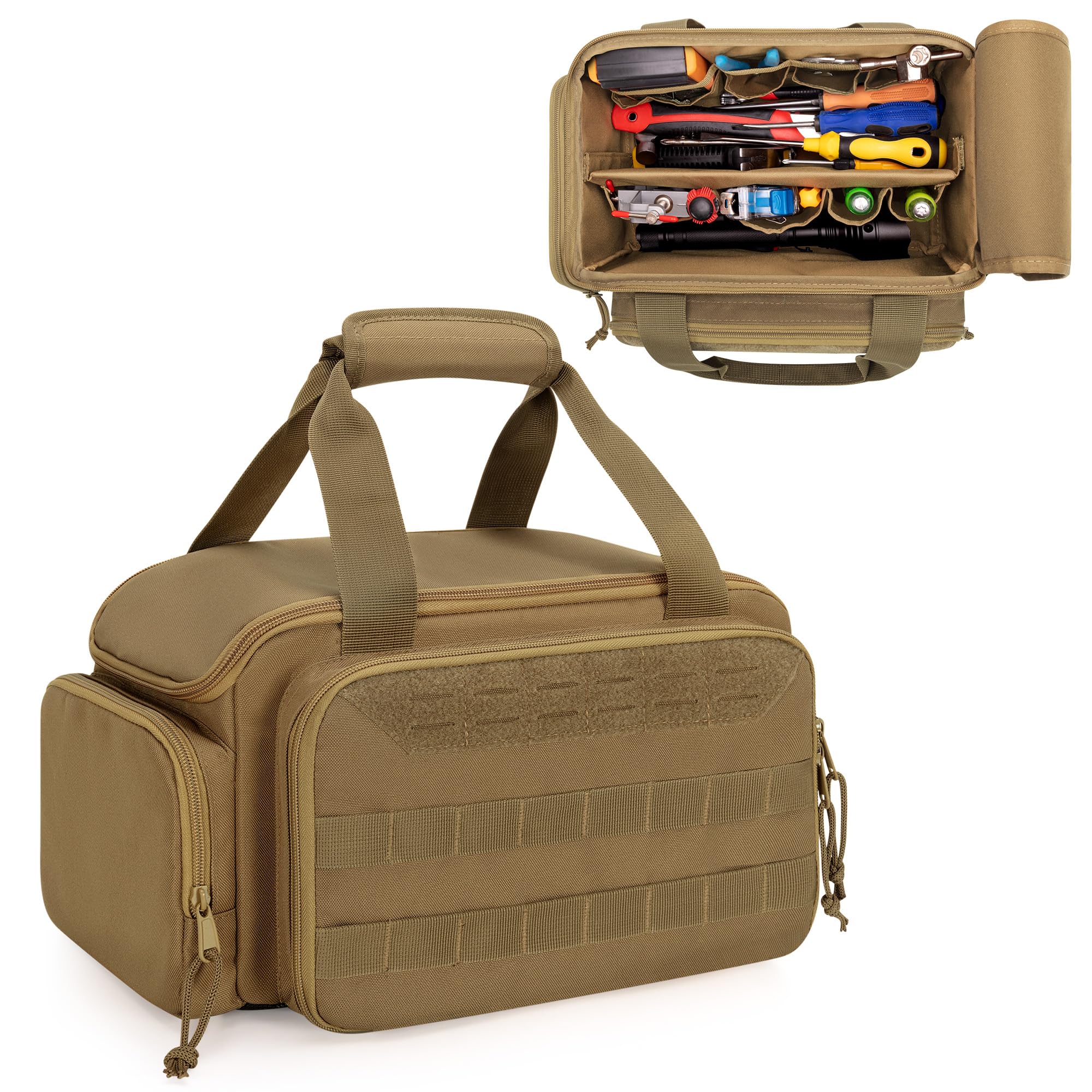 Rexmica 12 Inch Small Tool Bag with Anti-friction Bottom, Hand Tool Storage Organiser for Men, Tactical Bag, Multi-purpose Work Bag for Repairman, Electrician, Carpenters, Handyman, Khaki, 31x17x19cm