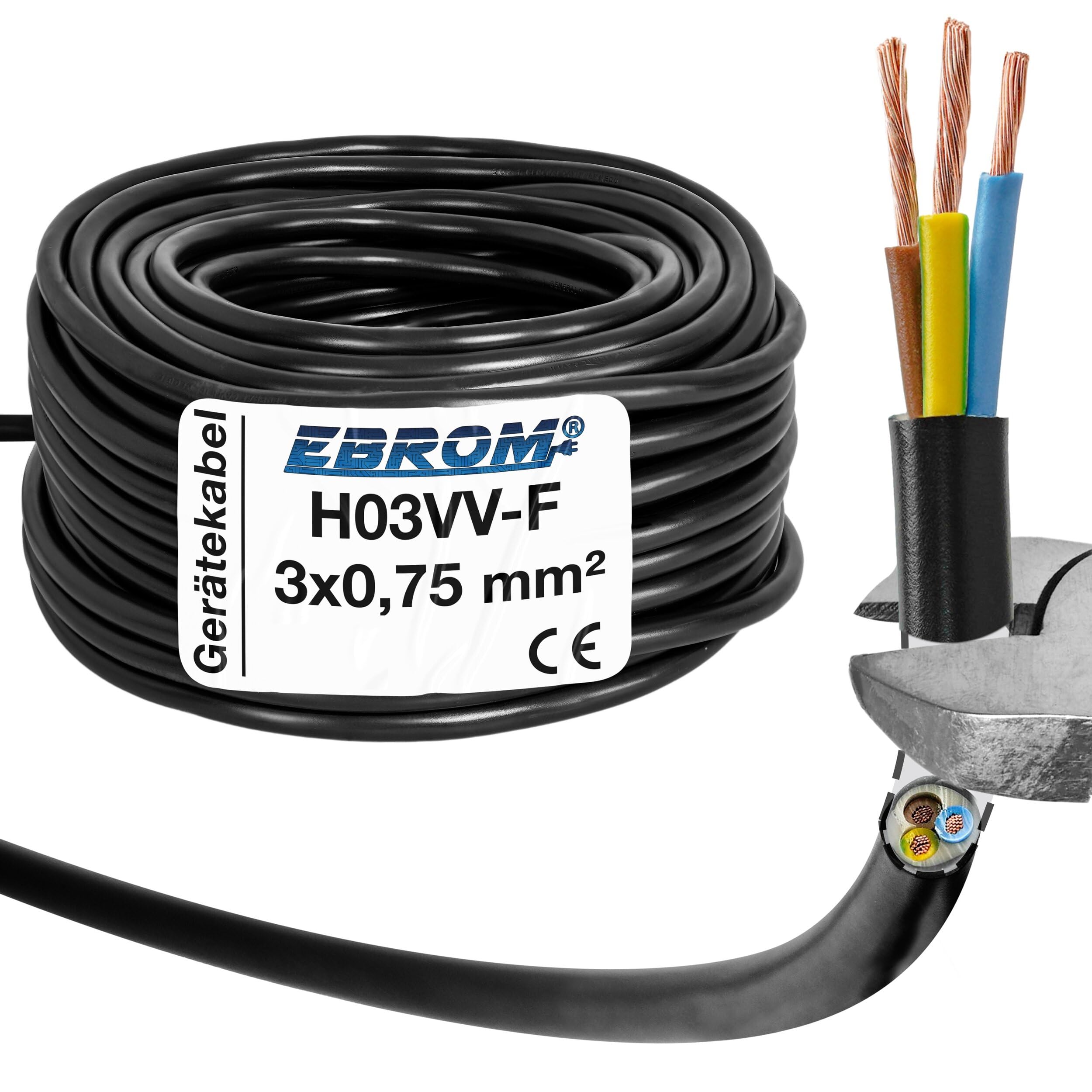 EBROM Round Plastic Hose H03VV-F 3 x 0.75 mm², Colour: Black, Various Lengths in increments of 5 m up to 200 m, 3G0.75 mm², Cable Length: 10 m
