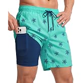 Yufawow 7 Inch Men Swim Trunks with Compression Breathable Liner Quick Dry Zipper Pockets for Pool Board Beach Cruise