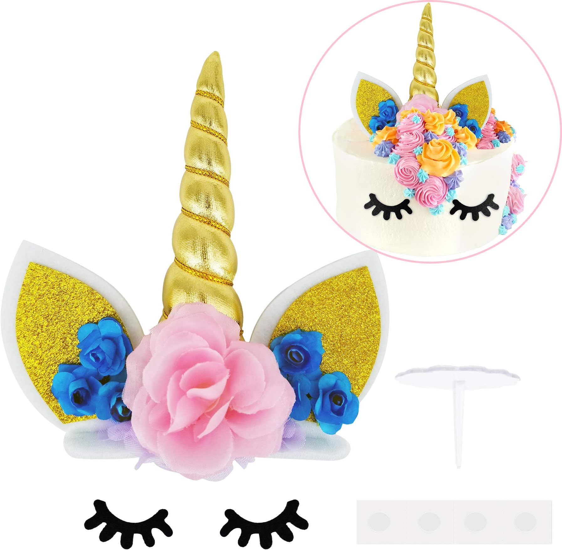 Supreona Unicorn Cake Topper With Eyelashes Glue Points Topper Stand Unicorn Party Supplies Decoration for Birthday Party, Baby Shower, Wedding