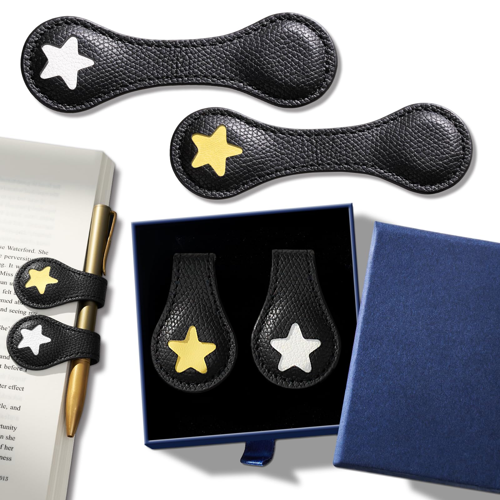 Photo 1 of 2Pcs Magnetic Leather Bookmarks with Gift Box, Magnetic Pen Holder Book Marks Clip Gift for Book Lover Readers Men Women Teachers Students, Star (Black+Black)