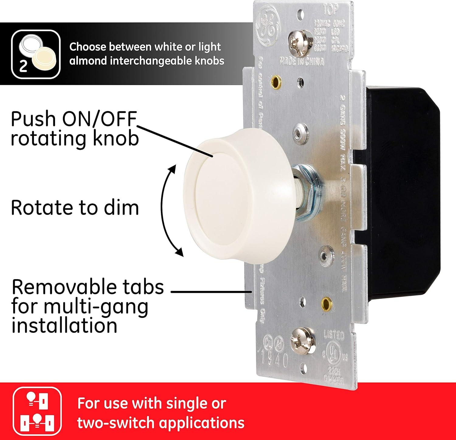 GE, 3-Way Dimmer Switch, Push On/Off, Rotating, Use with Dimmable LED and CFL and Incandescent Bulbs, Includes Two Knob Colors, UL Listed, White/Light Almond, 18020, 1 Pack - Wall Dimmer Switches - 