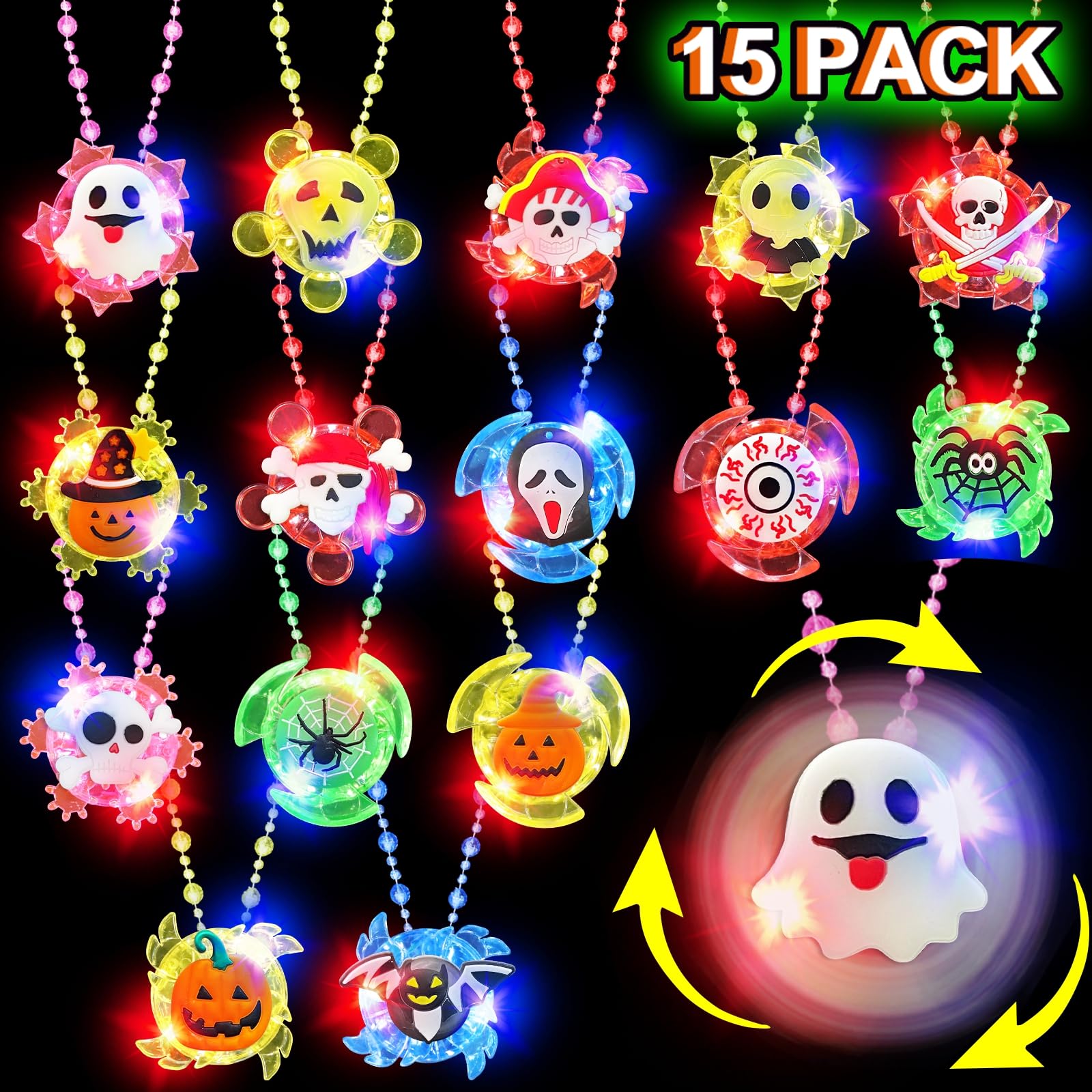 Photo 1 of [ Rotating Fidget ] 15 Pack Halloween Spin LED Necklaces Toy Party Favors Toys for Kids 15 Styles Spider Ghost Halloween Light Up Trick or Treat Toys Goodie Bag Filler Glow in The Dark Party Supplies