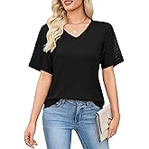 Totatuit Women's V Neck Casual Tops Lace Short Sleeve Summer Tunic Shirts for Women Loose Fit Breathable Cotton Blouses