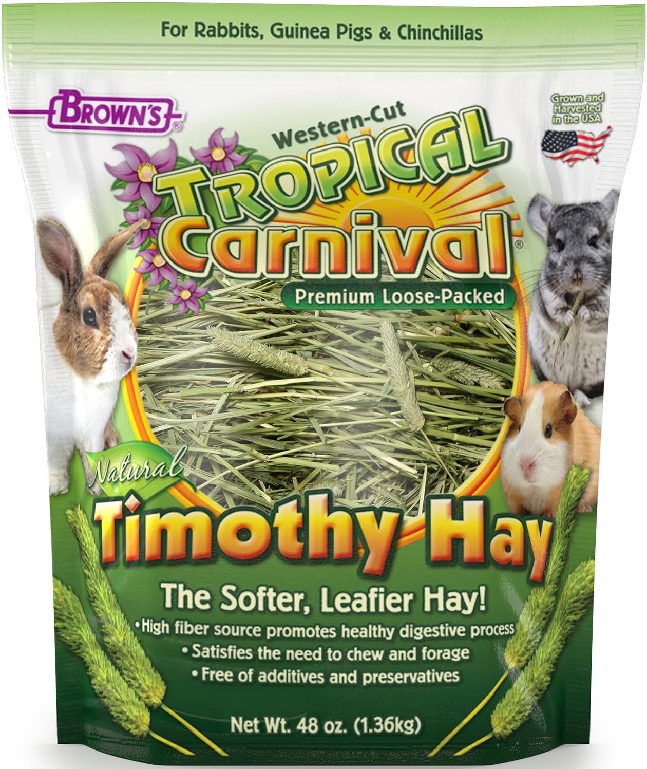 F.M. Brown's Tropical Carnival Natural Timothy Hay for Guinea Pigs, Rabbits, and Other Small Animals, with High Fiber for Healthy Digestion - 48 oz