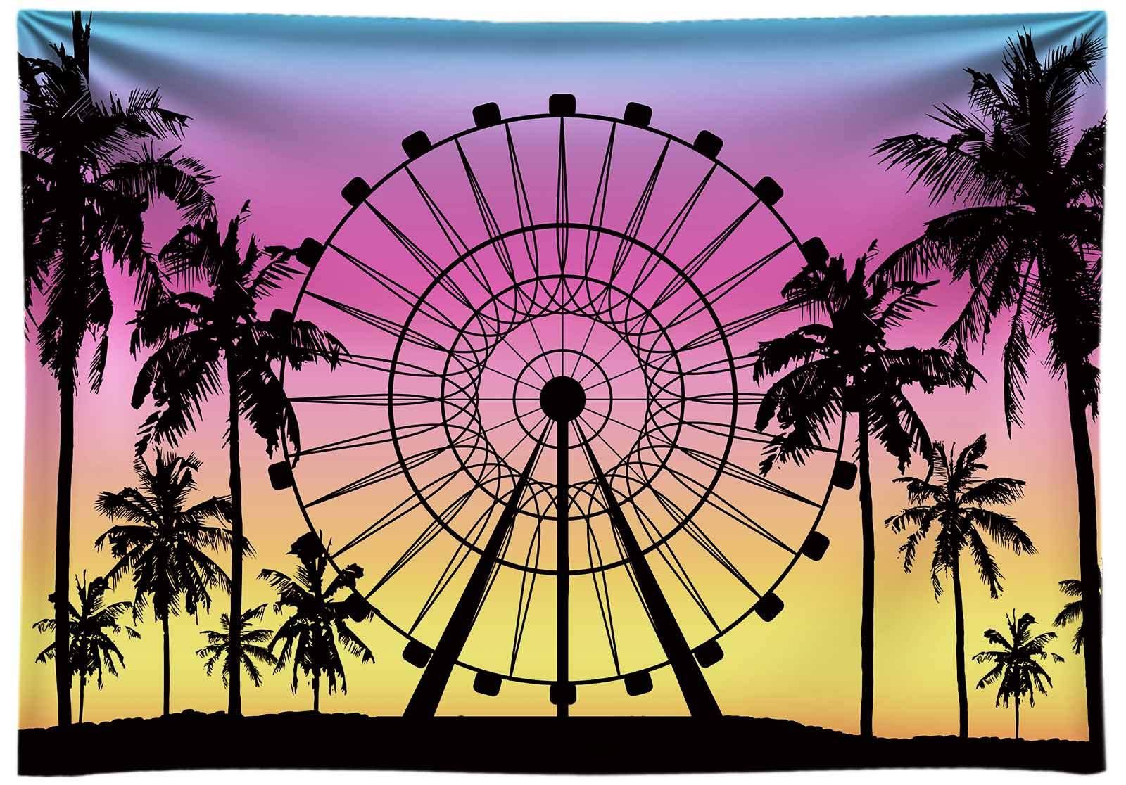 Allenjoy 7x5ft Summer Seaside Ferris Wheel Photography Backdrop Palm Tree Sunset Background Baby Shower Tropical Wedding Party Decoration Banner Supplies Photobooth Prop Soft Fabric