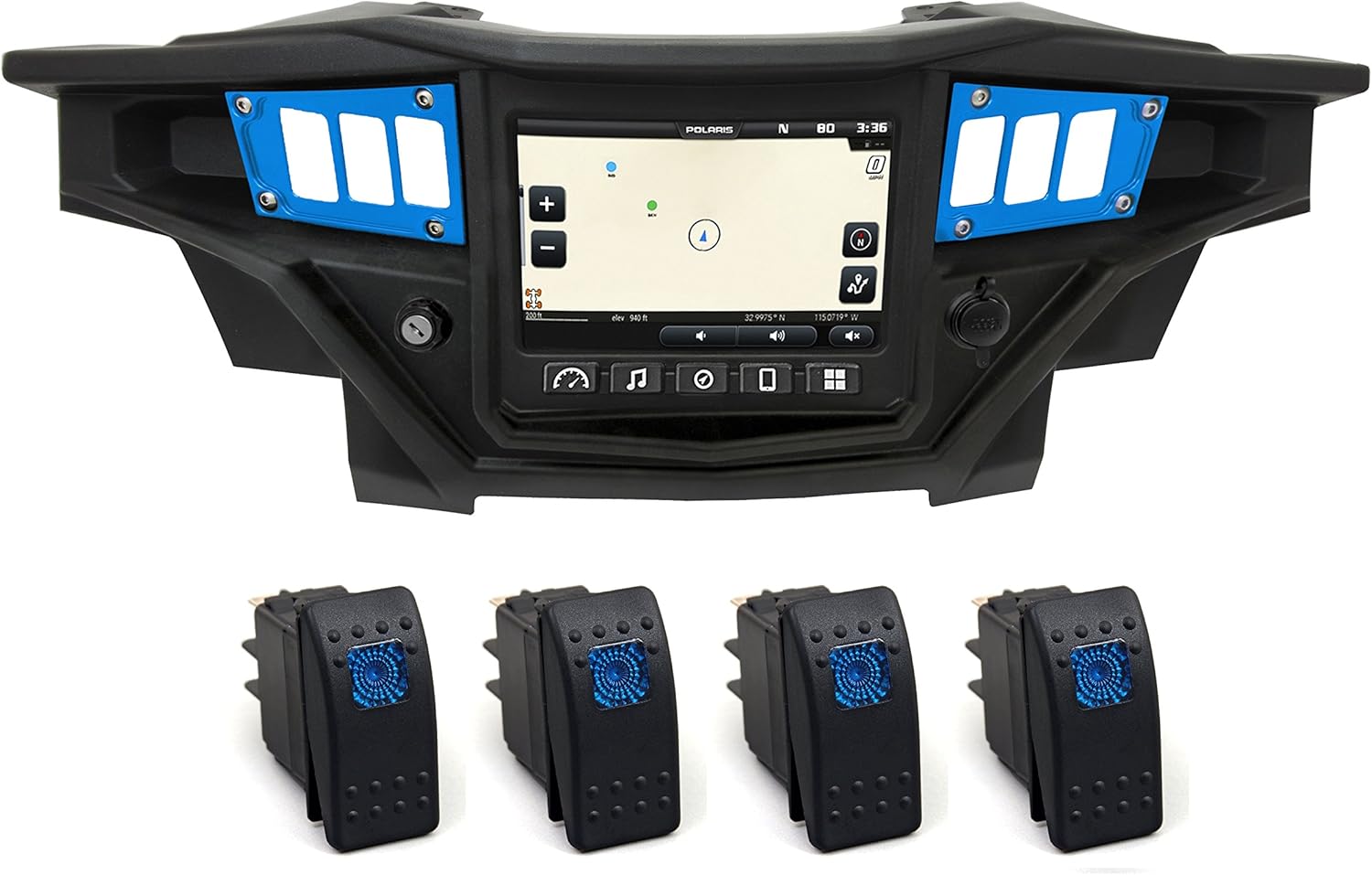 STV Motorsports 2017-2018 Polaris RZR XP 1000 RIDE COMMAND Custom Switch Dash Panel Plates with 4 free rocker switches - 100% MADE in USA (blue, 4 rocker switch)