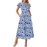 GRACE KARIN Womens Summer Maxi Dresses 2026 Floral Puff Short Sleeve V Neck Dresses Casual Wedding Guest Clothes with Pockets