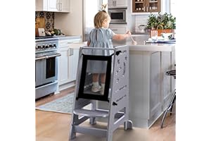 TOETOL Bamboo Learning Standing Helper Tower with Keeper - Grey Toddlers Kitchen Stools Counter 3 Height Adjustable Helper with Message Boards