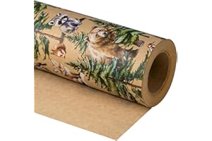 WRAPAHOLIC Kraft Christmas Wrapping Paper - Mini Roll - 17 Inch x 33 Feet - Wild Animal Winterfall Watercolor and Christmas Tree Wrapping Paper Perfect for Holiday, Party Celebration