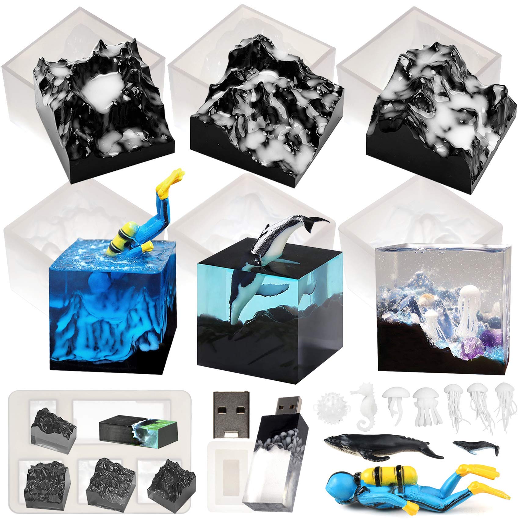 musykrafties Mountain Peak USB Resin Moulds Set with 8G USB Driver, Jellyfish, Whale, Seahorse, Pufferfish, 19-kit, Epoxy Clay, Dioramas Landscape, Necklace Pendant, Paperweight
