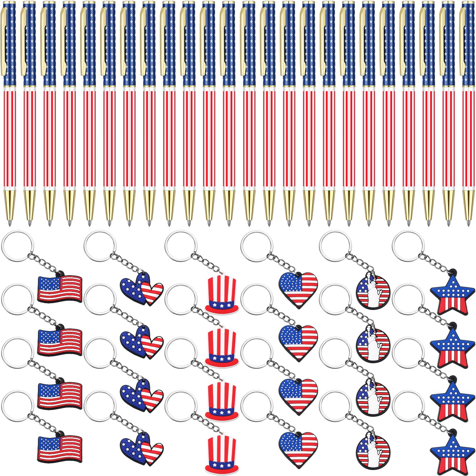 Photo 1 of Huquary 48 Pcs Independence Day Metal Ballpoint Pens American Flag Keychain Set Gold Retractable Patriotic Pens USA Flag Key Chains Office Patriotic 4th of July Party Favors for Veterans Day