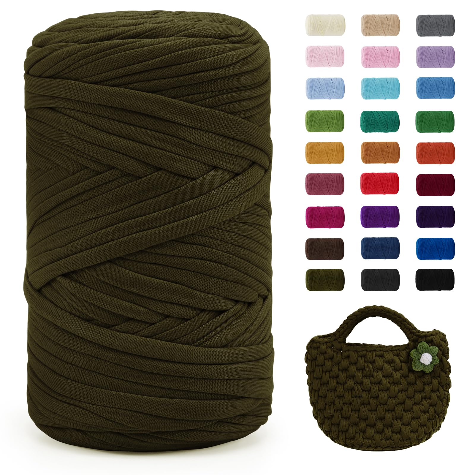 Uiopa Brown Green T-Shirt Yarn, 400g/120m Elastic Fabric Crochet Cloth T Shirt Yarn, Chunky Hand Knitting Polyester Ribbon for Crocheting Bags/Baskets/Rugs, Home Decor, DIY Crafts