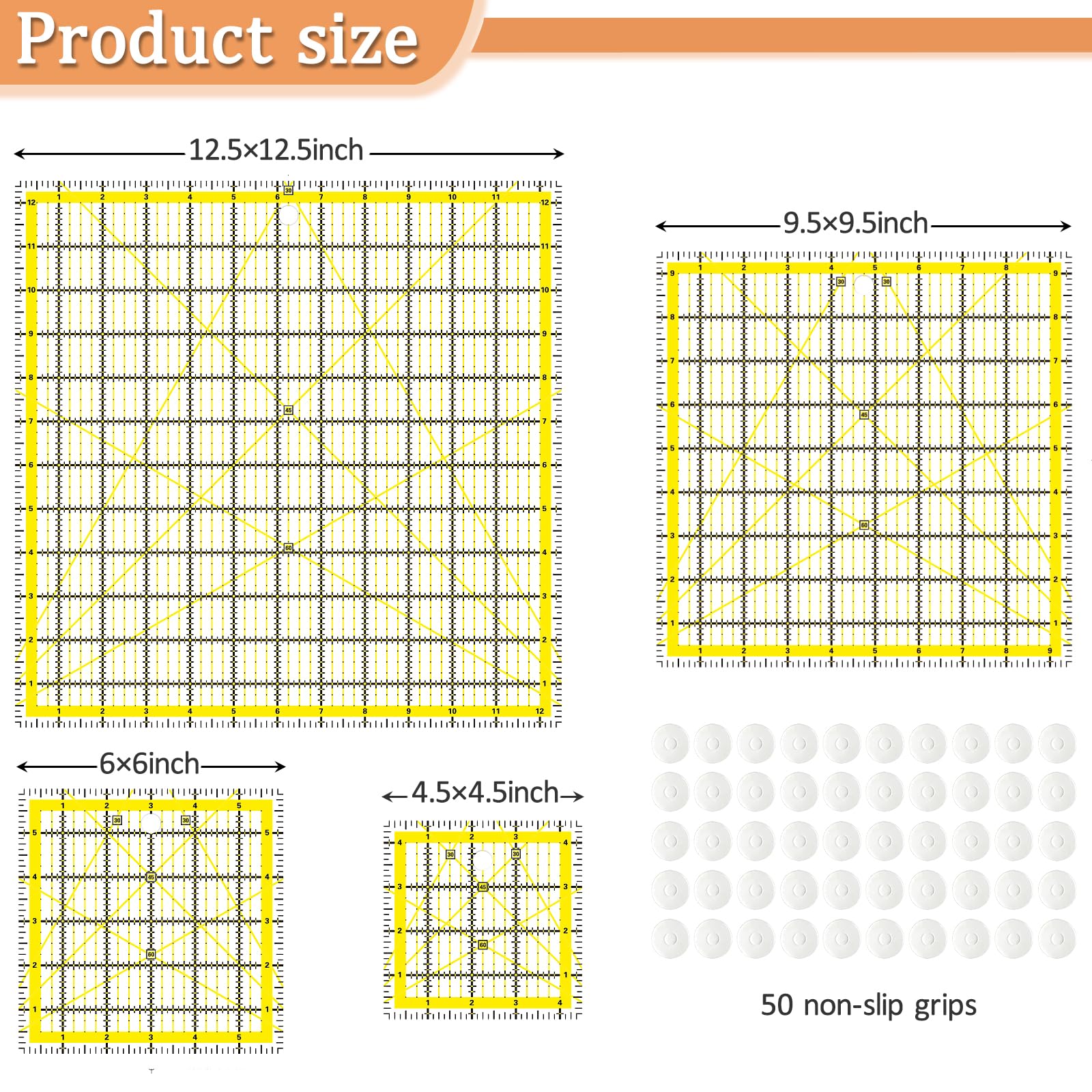VPVPV 4 Piece Quilting Ruler,Acrylic Square Ruler,Quilting Templates,with Non Slip Rings 25 Pieces（4.5“X4.5”、6“X6”、9.5“X9.5”、12.5“X12.5”）
