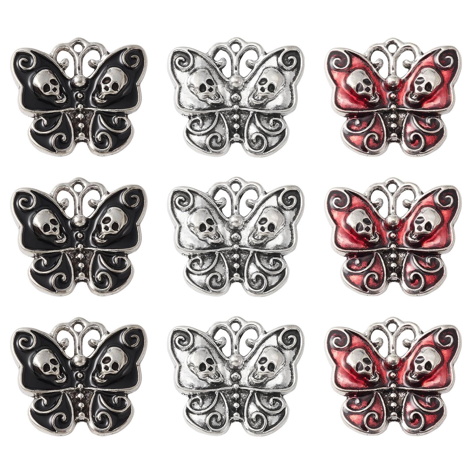 Stiesy 30Pcs 3 Colors Gothic Butterfly Charms Pendants Tibetan Butterfly with Skull Charm Halloween Enamel Animal Dangle Charms for Crafting Jewellry Making