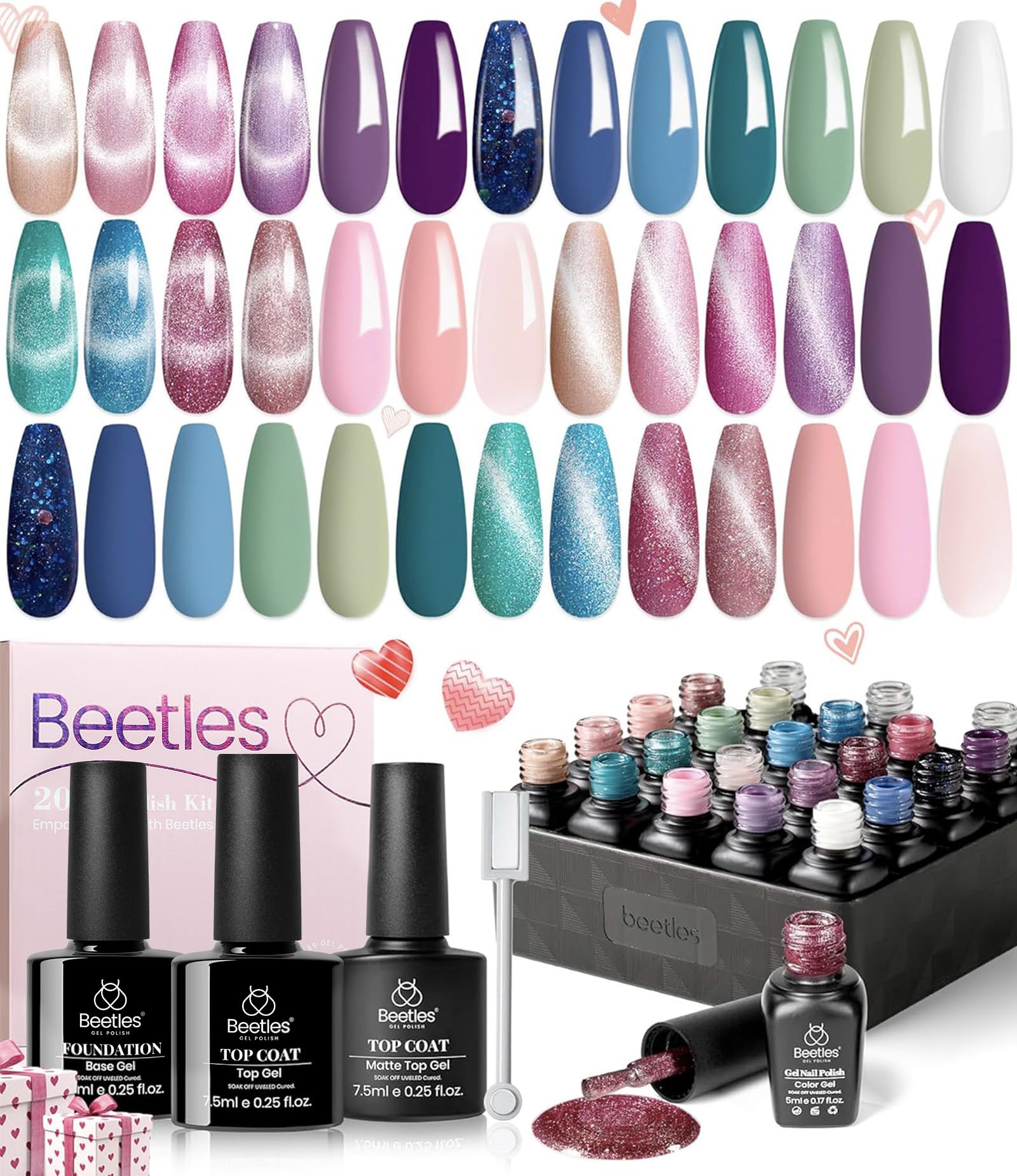 beetles Cat Eye Gel Nail Polish Set, 24Pcs Glitter Gel Nail Polish Blue Pink Purple Green Shimmer Colors Nail Polish with Magnet Stick Glossy & Matte Gel Top Base Coat UV Gift for Women & Girls