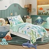 Kids Comforter Sheet Set - Soft and Breathable Bed Set Includes Quilted Comforter, Fitted Sheet, Flat Top Sheet, Pillowcase and Toddler Pillowcase - 4 Pieces Toddler Bedding Set White Teal Sea Turtle